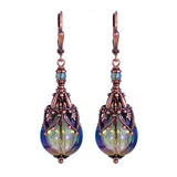 Iridescent Green Glass Teardrop Earrings with Antiqued Copper Filigree
