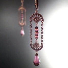Dusty opaline rose pink artisan Czech glass beads paired with antiqued copper filigree, chain, and adornments.