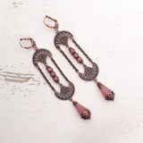 Dusty opaline rose pink artisan Czech glass beads paired with antiqued copper filigree, chain, and adornments.