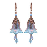 Iridescent Lavender and Blue Lucite Flower Earrings with Crystal Beads