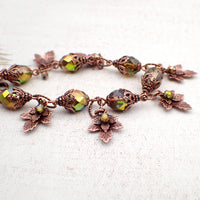 Iridescent Green and Antiqued Copper Autumn Maple Leaf Charm Bracelet