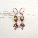 Iridescent Green and Antiqued Copper Autumn Maple Leaf Charm Earrings