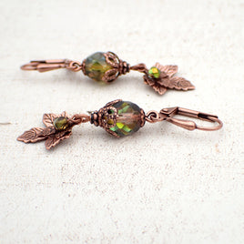Iridescent Green and Antiqued Copper Autumn Maple Leaf Charm Earrings