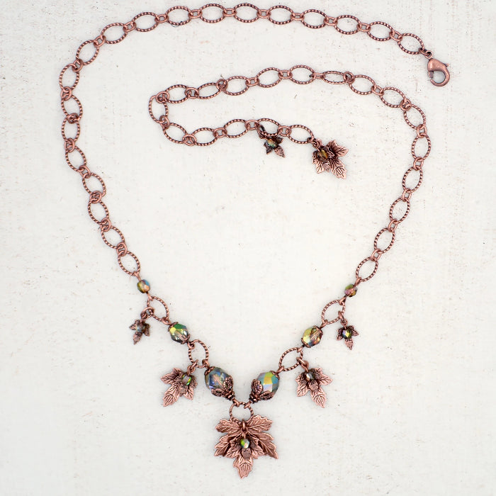 Iridescent Green and Antiqued Copper Autumn Maple Leaf Charm Necklace