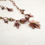 Iridescent Green and Antiqued Copper Autumn Maple Leaf Charm Necklace