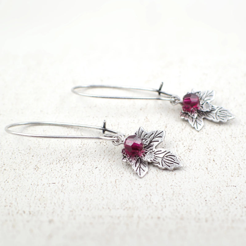 Antiqued Silver Maple Leaf Earrings with Ruby-Colored Crystals