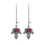 Antiqued Silver Maple Leaf Earrings with Ruby-Colored Crystals