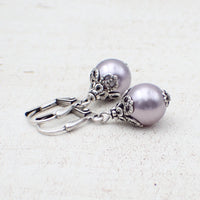 Lavender and Antique Silver Pearl Drop Earrings