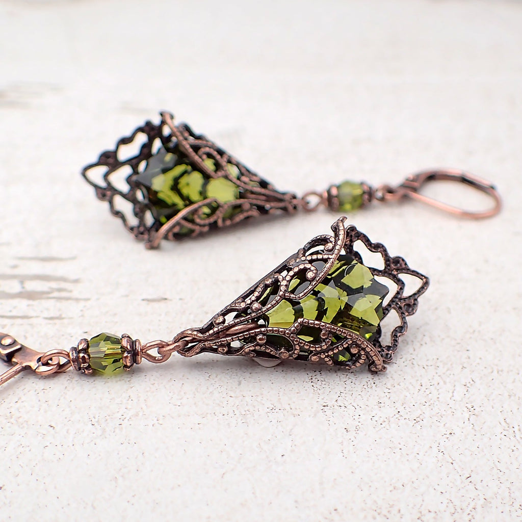 Filigree Wrapped Earrings with Olive Green Crystals