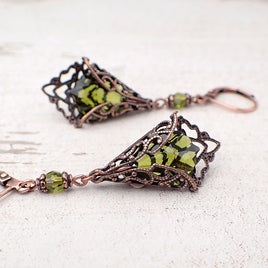 handmade Filigree Wrapped Earrings with Olive Green Crystals