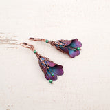color shifting iridescent flower earrings with antiqued copper and peacock colors