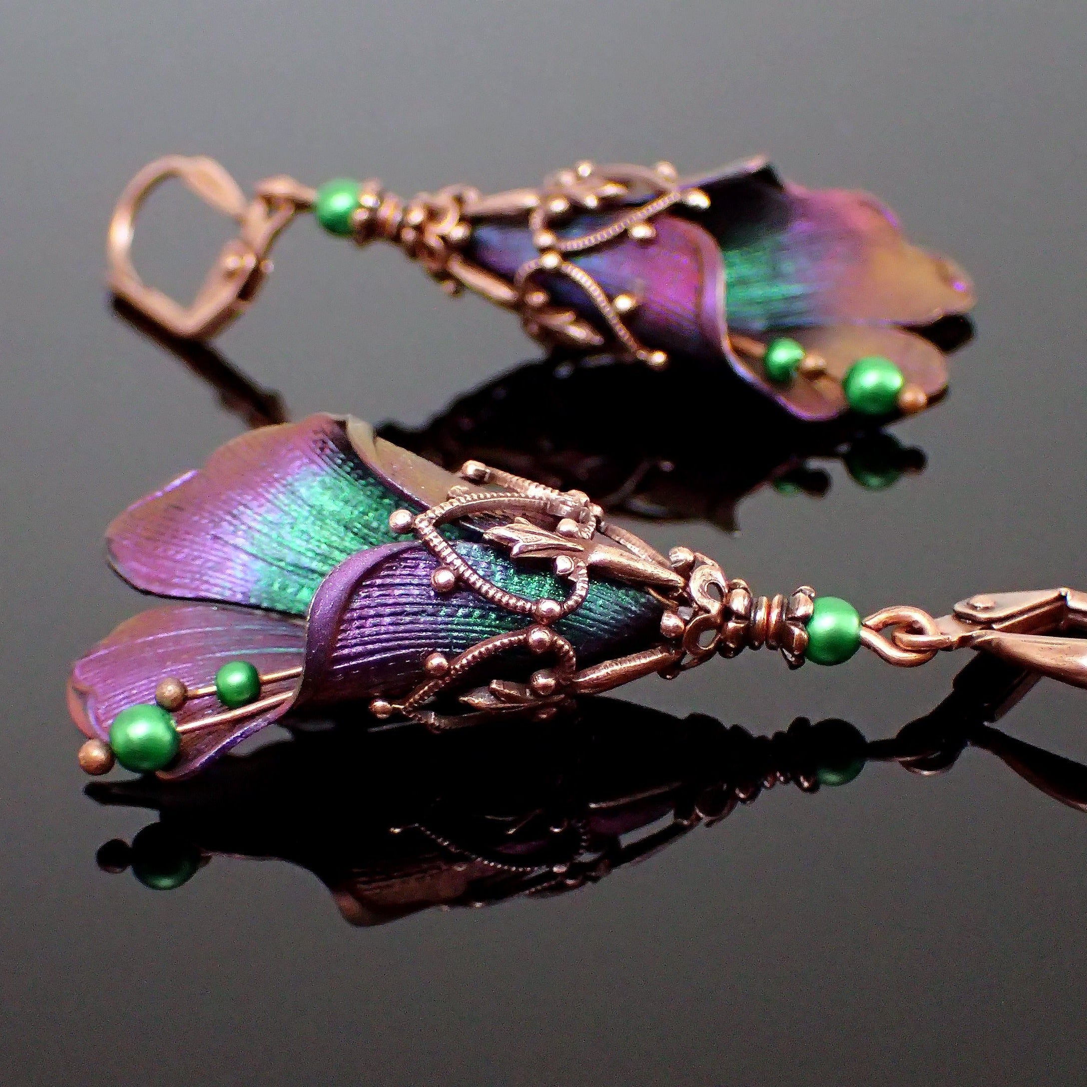 color shifting chameleon iridescent flower earrings with antiqued copper
