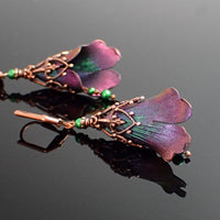 color shifting chameleon iridescent flower earrings with antiqued copper
