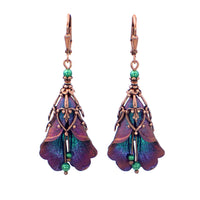 Iridescent Purple and Green Flower Lever Back Earrings with Crystal Pearls and Antiqued Copper Filigree