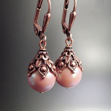 Victorian Style Earrings made with Pearlescent Pink Crystal Pearls