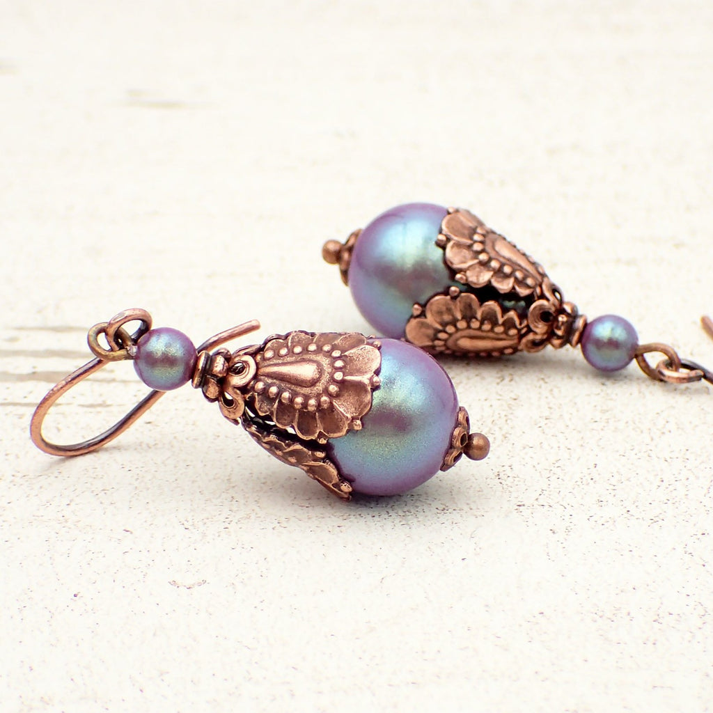Victorian Style Earrings with Iridescent Purple Crystal Simulated Pearls and Antiqued Copper Details