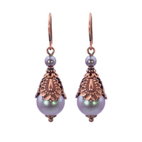 Victorian Style Earrings with Iridescent Purple Crystal Simulated Pearls and Antiqued Copper Details