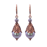 Victorian Style Earrings with Iridescent Purple Crystal Simulated Pearls and Antiqued Copper Details