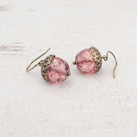 Pink Czech Glass Acorn Earrings with Antiqued Brass Vintage Style Caps