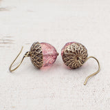 Pink Czech Glass Acorn Earrings with Antiqued Brass Vintage Style Caps