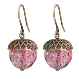 Pink Czech Glass Acorn Earrings with Antiqued Brass Vintage Style Caps