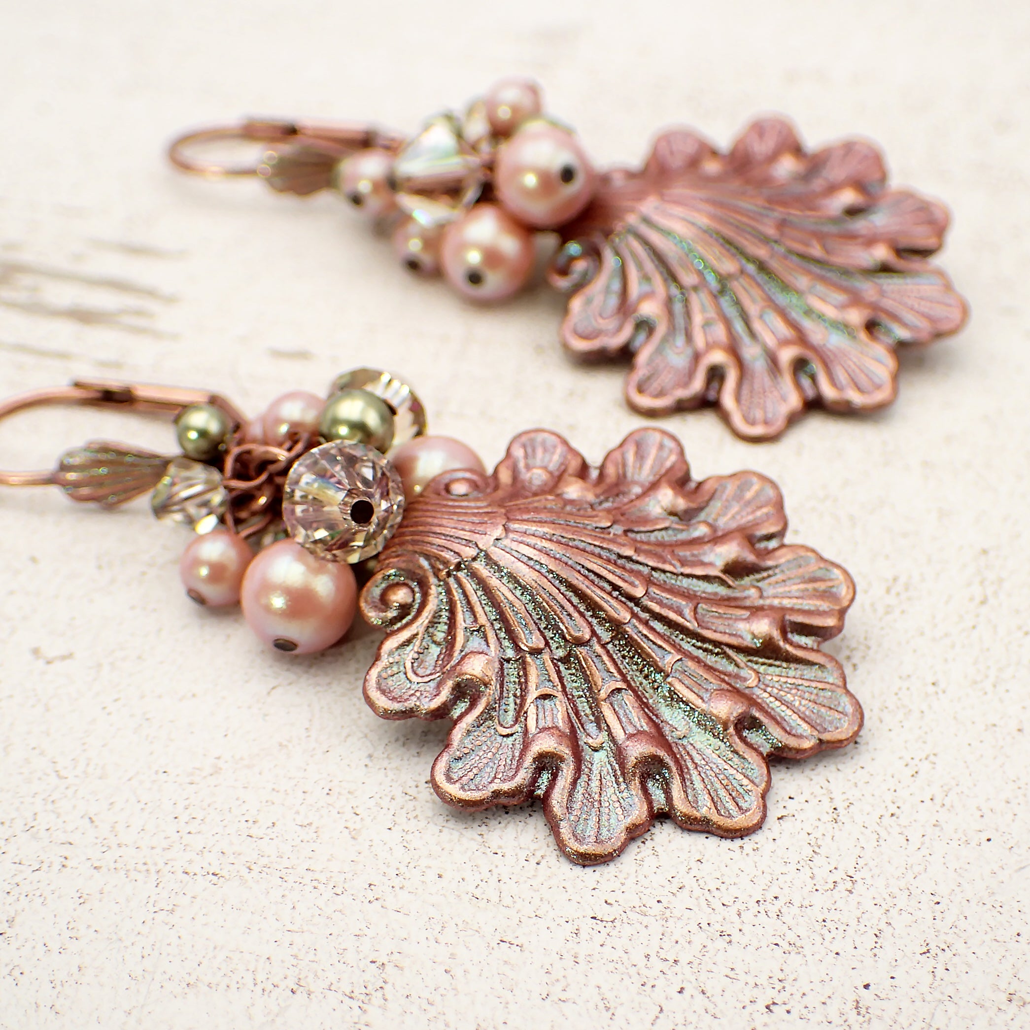 Shimmering Pink and Green Seashell Lever Back Earrings