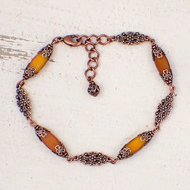 Pumpkin Orange Artisan Czech Glass Beaded Bracelet Antiqued Copper Floral Details