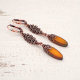 Pumpkin Orange Artisan Czech Glass Beaded Earrings Antiqued Copper Floral Details