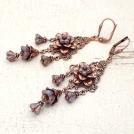 Neo Victorian Chandelier Flower Earrings with Purple Czech Glass Flower Beads