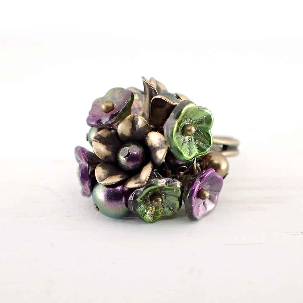 Iridescent Crystal Pearl Flower Cluster Ring