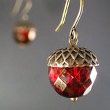 Red Czech Glass Acorn Earrings with Antiqued Brass Vintage Style Caps
