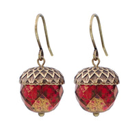 Red Czech Glass Acorn Earrings with Antiqued Brass Vintage Style Caps