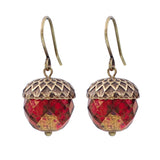 Red Czech Glass Acorn Earrings with Antiqued Brass Vintage Style Caps