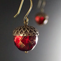 Christmas Red Czech Glass Acorn Earrings with Antiqued Brass Vintage Style Caps