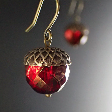 Christmas Red Czech Glass Acorn Earrings with Antiqued Brass Vintage Style Caps