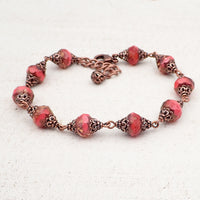 Artisan Czech Glass Rondelle Bracelet in Coral, Peach, and Antiqued Copper