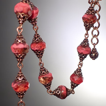 Artisan Czech Glass Rondelle Bracelet in Coral, Peach, and Antiqued Copper