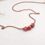 Artisan Czech Glass Rondelle Bar Necklace in Coral, Peach, and Antiqued Copper