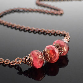 Artisan Czech Glass Rondelle Bar Necklace in Coral, Peach, and Antiqued Copper