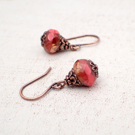 Artisan Czech Glass Rondelle Earrings in Coral, Peach, and Antiqued Copper