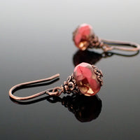 Artisan Czech Glass Rondelle Earrings in Coral, Peach, and Antiqued Copper