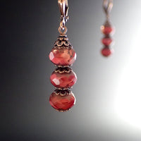 Artisan Czech Glass Stacked Rondelle Earrings in Coral, Peach, and Antiqued Copper