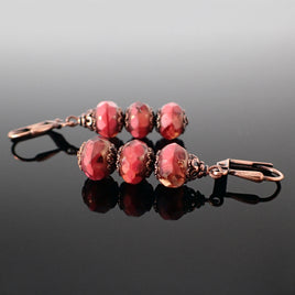 Artisan Czech Glass Stacked Rondelle Earrings in Coral, Peach, and Antiqued Copper