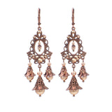 rose gold colored crystal pearl and copper chandelier earrings