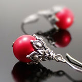 Victorian Style Earrings made with Red Crystal Pearls and Antiqued Silver Filigree