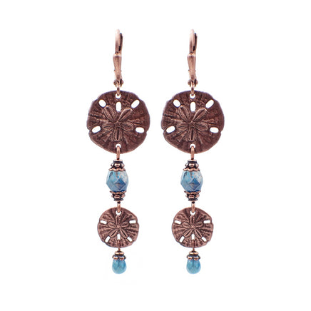 Long Sand Dollar Dangle Earrings with Lustered Ocean Blue Czech Glass Beads