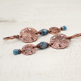 Long Sand Dollar Dangle Earrings with Lustered Ocean Blue Czech Glass Beads