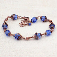 Bright Blue Copper Filigree Caged Crystal Bracelet