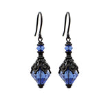 Sapphire Blue Gothic Victorian Crystal Earrings with Black Metal Filigree