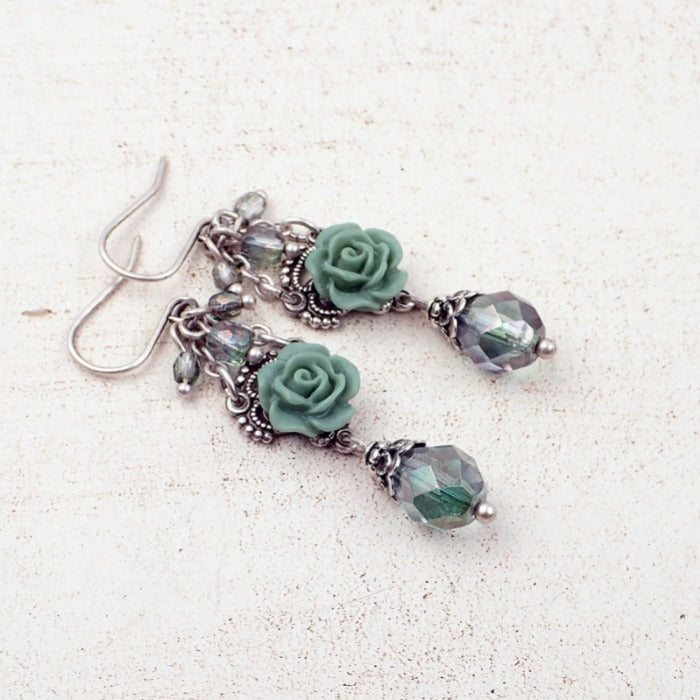 Dusty Seafoam Resin Rose Earrings with Czech Glass Beads and Antiqued Silver Plated Brass Filigree